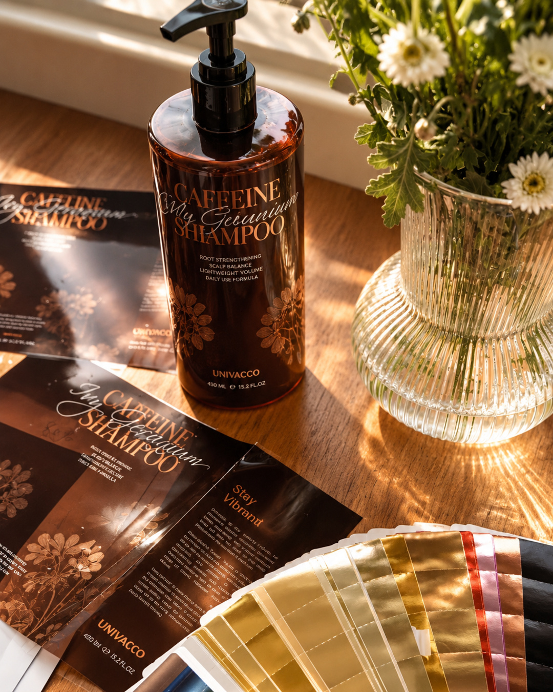 CG-71A Copper Gold color sample and caffeine shampoo shrink sleeve