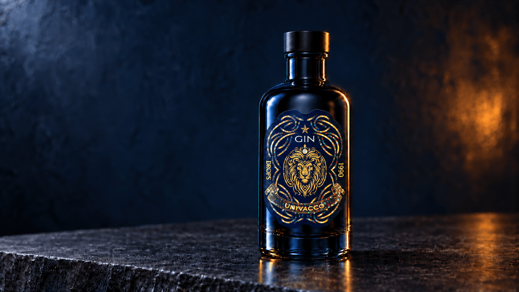 Gin label with transparent holographic cold transfer in Drops pattern