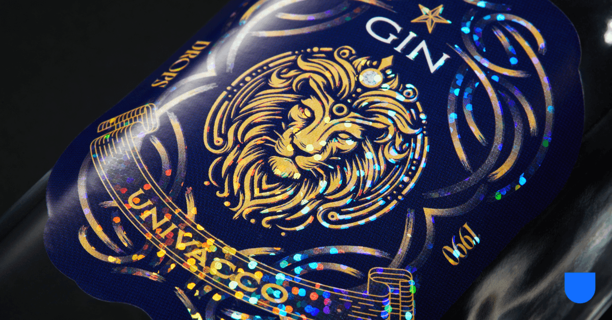 Close-up of transparent holographic Drops pattern on gin label
